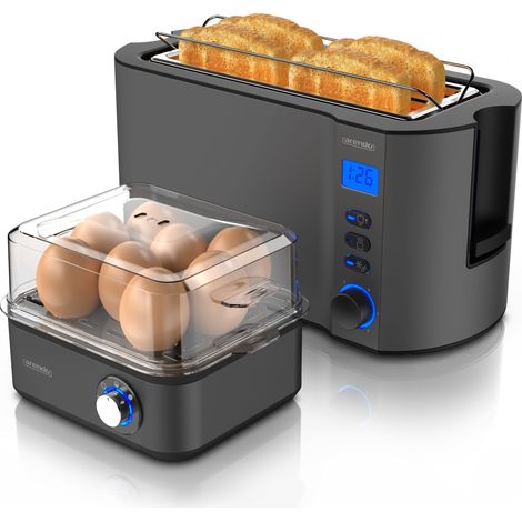 Arendo Frühstücks-Set, 8er Eierkocher + Langschlitz Toaster für 4 Scheiben, Grau (1/5)