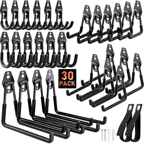 Crochets de Garage, 30 Pcs Revêtement Antidérapant, Noir Crochets Muraux en Acier pour Vélos, Outils Jardin, Échelles, Tuyaux, Câbles, Organisateur avec Enrouleur de Câble Extensible (1/5)
