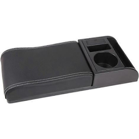 PU-Armlehnenbox mit Getränkehalter für SUV-Fahrzeuge, Mittelkonsolenkissen mit Stauraum, gebogene Oberfläche, schwarz-weiße Linien.