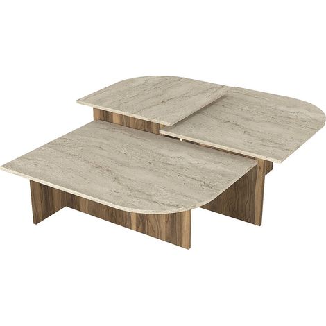 Tables basses gigognes - Effet travertin beige et naturel foncé - OMELINA (1/4)
