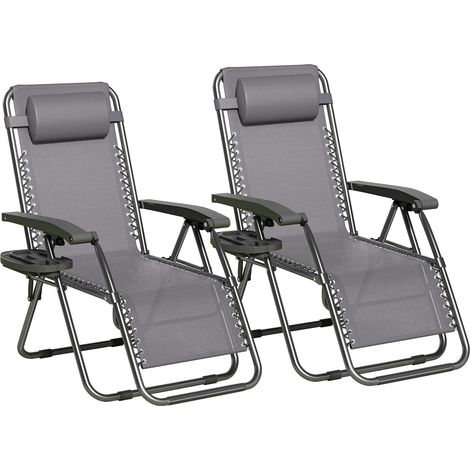 Set of 2 Zero Gravity Reclining Folding Outdoor & Garden Chairs with Textilene Fabric, Cup Holder and Headrest Pillow BLACK FRAME & DARK GREY TEXTILENE (1/5)