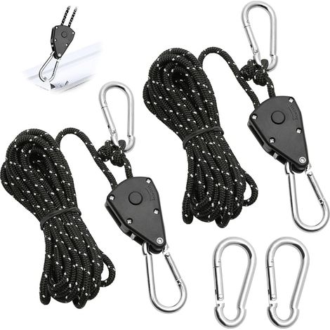 2 Pièces Corde à Cliquet Réglable 4M, Poulie à Cliquet Noir 1/8 avec 2 Replacement Crochets, Tendeur de Corde à Cliquet Réfléchissante pour Lampe Plantes Tente Randonnée (1/5)