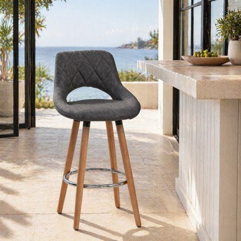 Taburete de bar con respaldo, asiento de lino, patas de madera, gris oscuro DESVIAE (1/5)