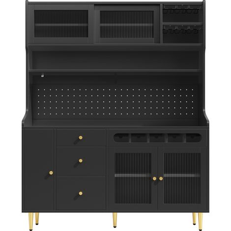 Aparador alto de cocina con LED, estantes ajustables y botellero 145x39x171 cm negro HOMVRA (1/5)