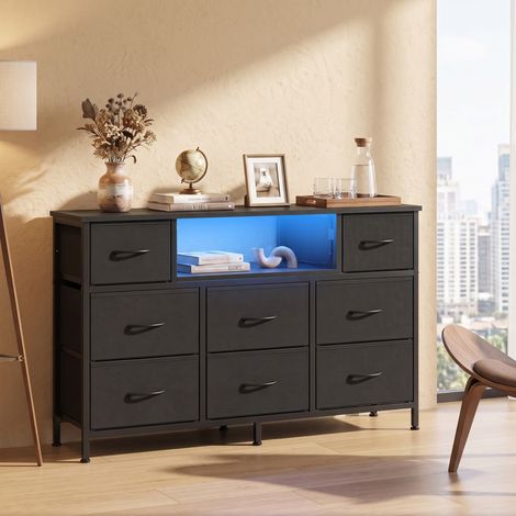 Commode avec 8 Tiroirs, Support TV avec LED et Multiprise, 113,8 x 30 x 68,1 cm, Noir