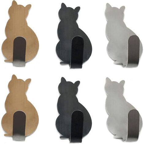 Lot de 6 crochets porte-serviettes en acier inoxydable pour petits chats, crochets muraux décoratifs pour la maison, la cuisine, la salle de bain, le rangement du bureau, sans clous