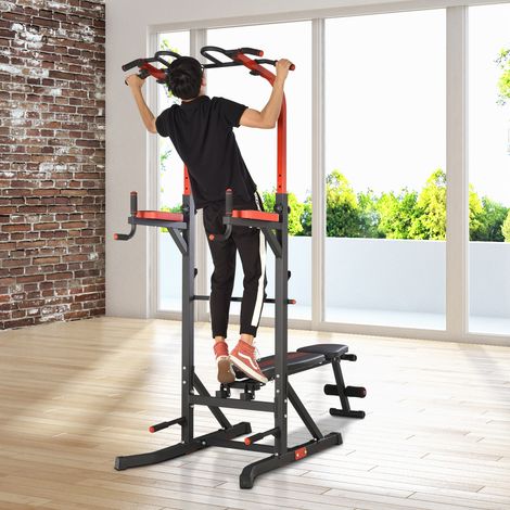 Power Tower Station d'Entraînement Pliable et Multifonction avec Barre de Tractions et Chaise Romaine, 108x178x202-238cm (1/4)