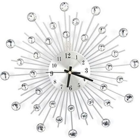 Horloge murale moderne en cristal 3D, 30 cm en métal argenté avec miroir étincelant et strass - Décoration murale ronde - Aiguille numérique en métal - Pour pendaison de crémaillère, salon