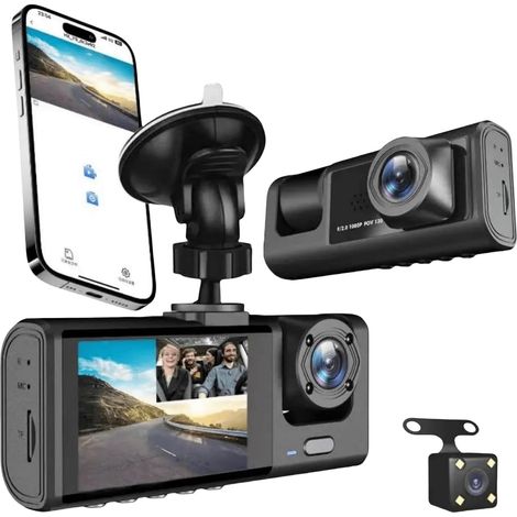 Dash Cam 1080P ad alta definizione con 3 lenti, registratore di guida, controllo APP Wi-Fi, DVR per auto, può riprendere davanti all'auto, dietro l'auto, all'interno dell'auto, telecamera grandangolar (1/4)