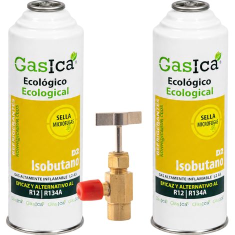 Pack 2 Gasica D2 226g Sustituto R134a R12 Sella Fugas y Trazador Verde Gas Ecológico HC Incluye Válvulas (1/2)