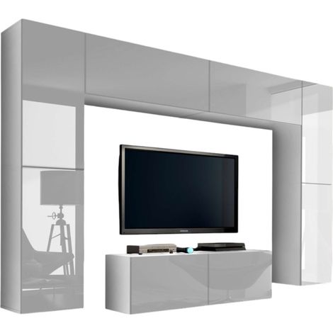 Wohnzimmermöbelset in Weiß, hängend, Serie CEPTO III, 256 cm, 8 Türen, 8 Regale, LEDs, modulierbar.