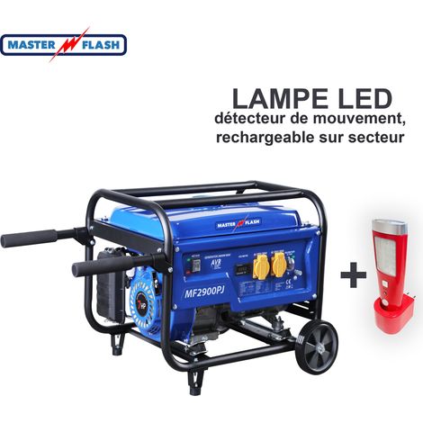 Groupe électrogène 2800W essence – Technologie AVR pour tension stabilisée – Autonomie 8h – Poids 49kg – Projecteur LED intégré – Master Flash
