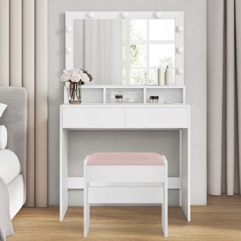 VASAGLE Coiffeuse avec 2 Tiroirs, 3 Compartiments Ouverts et Éclairage LED, Tabouret de Maquillage en Velours, Luminosité Réglable, Moderne, Blanc et Blanc Mat-Rose Bonbon (1/5)