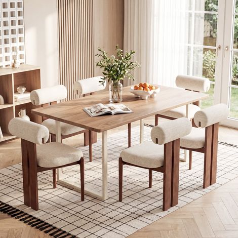 Lot de 6 chaises de salle à manger, dossier cylindrique design, cadre en bois, style moderne, pour cuisine et salle à manger, beige (1/5)