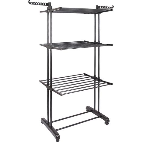 Étendoir à linge pliable 4 niveaux à roulettes, acier noir thermolaqué (1/5)