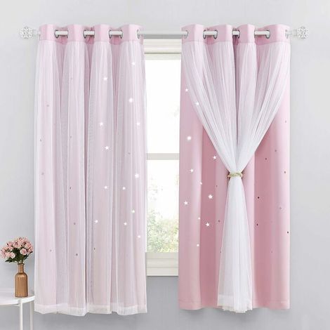 Rideau Occultant - Rideau Étoilé Rose Clair avec Voilage Thermique - Pour Chambre d'Enfant Fille - L 132 x H 160 cm - Lot de 1 (1/5)