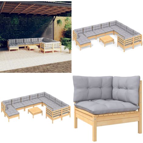 11-tlg. Garten-Lounge-Set mit Grauen Kissen Kiefernholz - Gartengeräte - Lounge Möbel - Gartenmöbel Set - Kiefernholz Gartenmöbel - Outdoor Möbel - Home & Living (1/5)