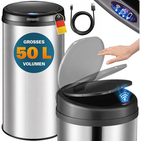 MONZANA® Mülleimer Küche mit Sensor Edelstahl USB Ladekabel Berührungslos Deckel Hygienisch Papierkorb Automatik Abfalleimer Wasserdicht Büro Recycling  Silber XXL