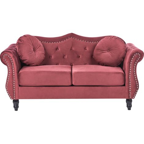 Sofá de terciopelo 2 plazas glamuroso sala de estar con ribete de tachuelas y capitoné rojo oscuro Skien (1/5)