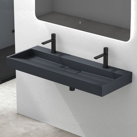 Mai & Mai Waschbecken Matt Anthrazit Aufsatzwaschbecken Hängewaschtisch inkl. Ablaufgarnitur Mineralguss Rechteckig Waschplatz 2-Armaturenloch Breite: 120cm