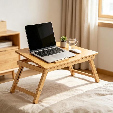 Table pour ordinateur portable au lit bambou 55x35 cm pliable hauteur et inclinaison réglables, table de chevet avec tiroir antidérapant (1/5)