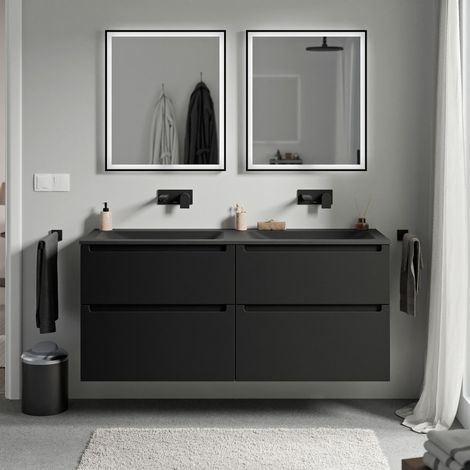 BERNSTEIN - Mueble lavabo doble suspendido MDF negro mate, lavabos fundición negro mate sin orificio grifería, caj. giratorios 140x46x62cm VIREO Negro mate, Negro mate sin orificio para grifería