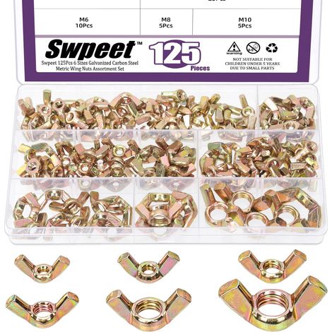 125Pcs 6Sizes M3 M4 M5 M6 M8 M10 Kit d'assortiment d'écrous de papillon en acier au carbone zinqué de couleur métrique,Torsion à la main serrer l'oreille écrou papillon de fixation en métal (1/5)