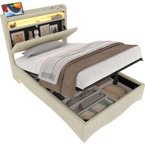 Lit coffre 90x200 cm en tissu beige avec LED, ports USB et Type-C, rangement hydraulique et tablette, sans matelas CHICFURN (1/5)