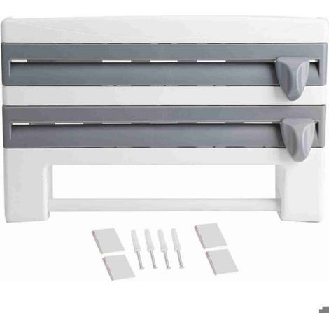 Dérouleur Mural Cuisine - Porte-Rouleau 3 Rouleaux avec Lames de Coupe - Pour Papier Aluminium Film Alimentaire et Essuie-Tout - Blanc/Gris - 39 x 10 x 24 cm (1/5)