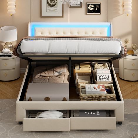 Lit coffre double 180x200 cm velours beige, lit adulte hydraulique avec 2 tiroirs, tête de lit nuage LED réglable, cadre métallique noir, sommier à lattes (1/5)