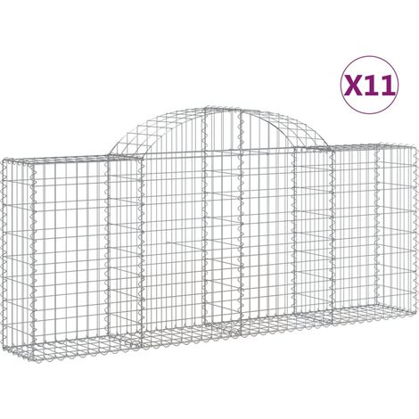 Cestas de gaviones muro de contención arqueado valla de jaula 11 piezas 200 x 30 x 80/100 cm hierro galvanizado Plata 020040319