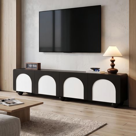 Meuble TV 180 cm avec 2 Portes et 2 Tiroirs - Banc TV Bas avec Passe-Câbles, Meuble TV Moderne et Élégant pour Salon - Noir (1/5)