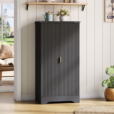 Hoher Küchenschrank Schwarz 120x60,5x40 cm, LED, 2 Türen, verstellbare Ablagen, Gewürzregal LINHOO (1/5)