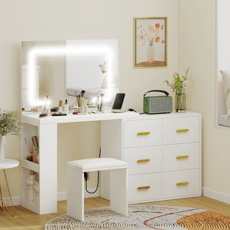 Coiffeuse avec miroir et tabouret, table de maquillage avec éclairage LED réglable, 6 tiroirs, 118 x 78 x 135 cm, blanc