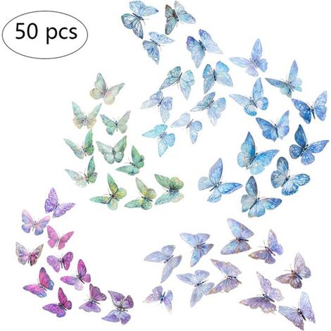 50 pegatinas de pared, Pegatinas de mariposa 3D, Pegatinas 3D, Pegatinas de mariposa 3D, 5 colores, fiestas, pasteles, etc, Multicolor (1/5)