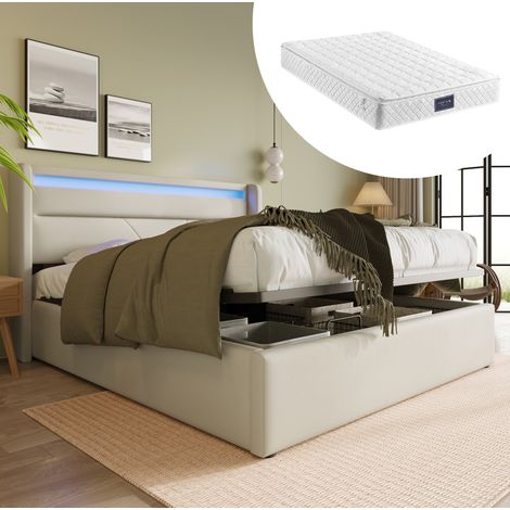 Lit coffre 140x200 LED en PU blanc OKMYHOME (1/5)