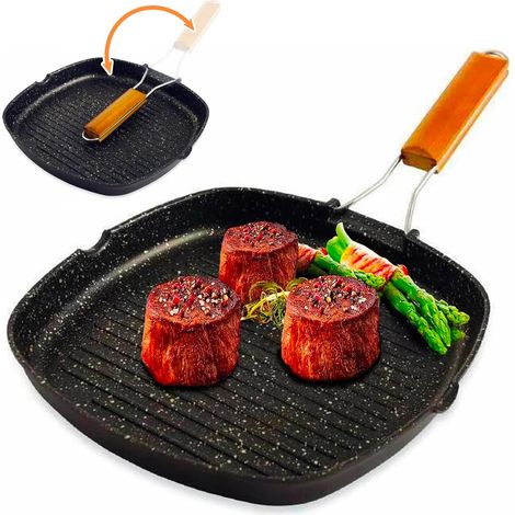 Poêle carrée antiadhésive 28 cm pour griller en aluminium moulé sous pression et avec poignée en bois pliable, idéale pour préparer des steaks ou des légumes grillés - résistante et facile à (1/5)