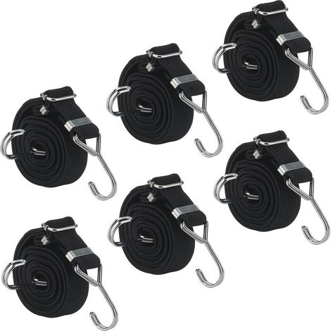 Lot de 6 Tendeurs Elastique avec Crochets, 2 m x 3 cm, Tendeurs Elastique Noir, réglables, Plats, pour Diable, Porte Bagages, vélo, Moto (1/5)