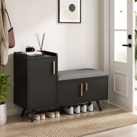 Zapatero banco con 3 puertas de almacenamiento, negro HAVRYA (1/5)