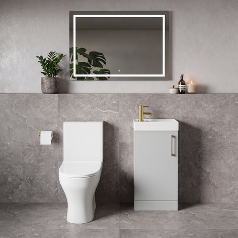 Napoli Cube Gloss Grey Pearl 400mm Single Door Vanity Unit and Jubilee Toilet Suite with Align Basin - 400mm - Brushed Brass 160mm Handle