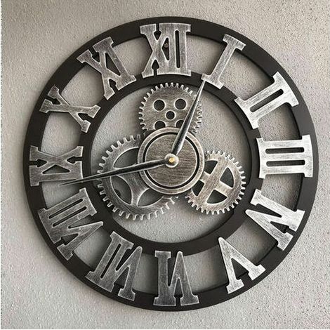 royaluxe - 3D grande horloge murale silencieuse en bois rétro classique horloge murale à engrenages rétro horloge à chiffres romains salon steampunk européen décoration industri, bar, argent, 40  40 c (1/5)