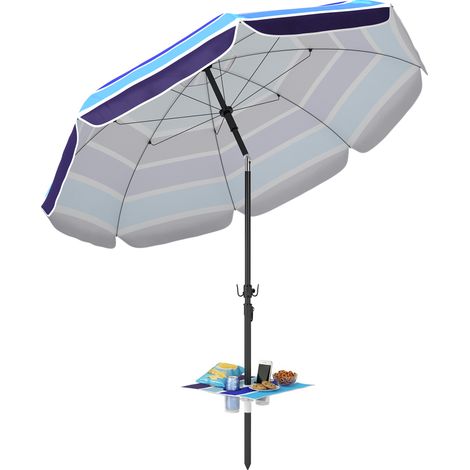 Sonnenschirm Strand Ø198 cm UV30+ Strandschirm mit klappbar Tisch Getränkehalter verstellbarer Neigung Mehrfarbig