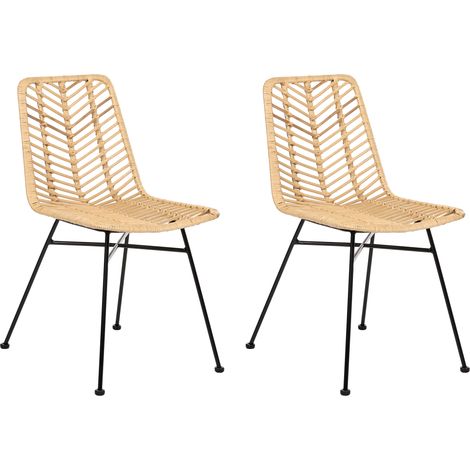 Conjunto de 2 sillas respaldo y asiento de ratán sin reposabrazos patas de hierro diseño boho natural Dilley