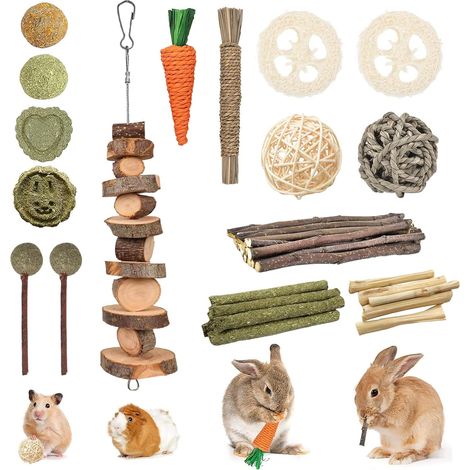 14 Styles Rabbit Toy, Natural Chew Toys for Rabbit, Hamster Guinea Pig, Rattan Ball Accessory Timothy Hay Sticks Apple Tree Sticks Wooden Dental Care Toys, Handmade (1/5)