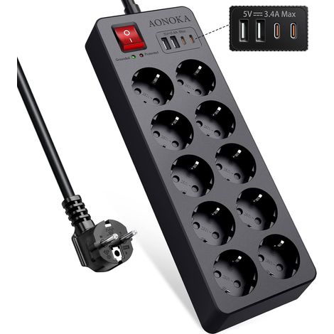 Multiprise 10 Prises avec Interrupteur,Multiprise Parafoudre et Surtension  Bloc Prise Multiple Murale avec 4 Ports USB,Protection Enfant,Rallonge Electrique 1,5m,Maison et Bureau,Noir (1/5)
