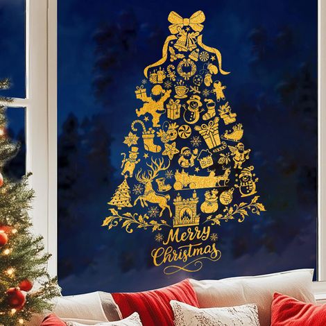 Albero di Natale dorato, adesivi per finestre, pupazzo di neve e fiocco di neve, decorazioni natalizie per finestre, adesivi in PVC elettrostatico, 6040 cm (1/4)