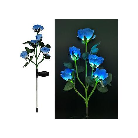Lampes solaires décoratives en forme de rose à 5 têtes pour jardin extérieur (bleues) (1/3)