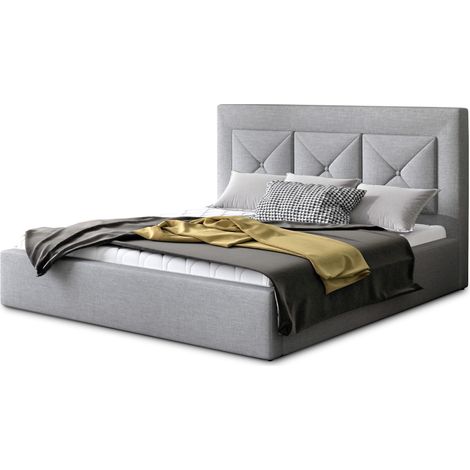 Lit moderne en tissu CLARIN - Avec ou sans rangement-Gris clair-200x200-Version sommier et coffre (1/5)