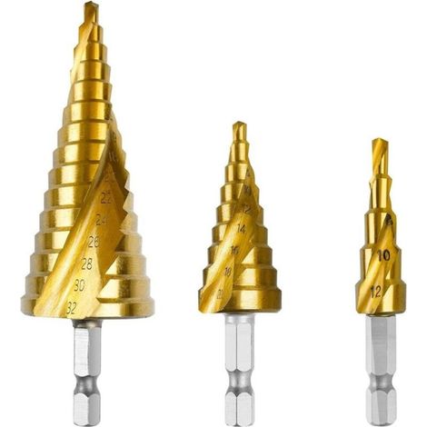 3 Pièce Foret Fraise Meche Etage, 4-12 mm/4-20mm/4-32mm Foret Conique HSS avec Revêtement Titane, Foret Metal en Acier à Double Fente, Foret Étagé avecTige Hexagonale Pour Bois, PVC, Métal (1/5)