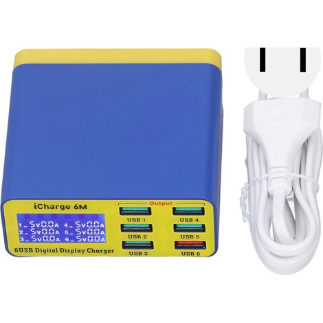 Chargeur rapide 6 ports avec affichage numérique, dissipation thermique efficace, pour téléphone et PC, prise US 100-240V, chargeur mural intelligent (1/5)